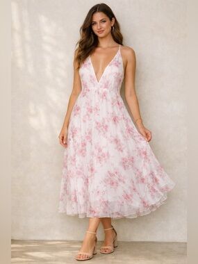 Floral Plunge Neck Pink & White Midi Dress